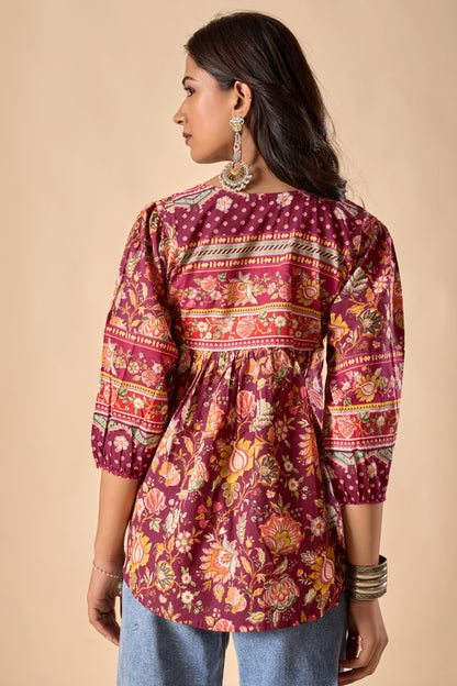 Red Floral Printed A-Line Cotton Stitched Top