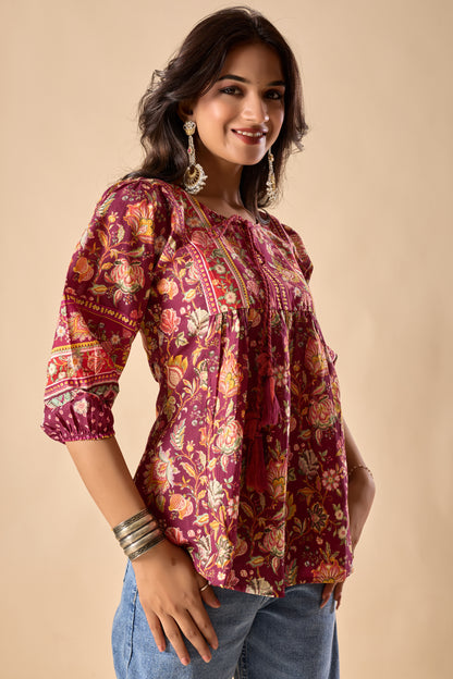 Red Floral Printed A-Line Cotton Stitched Top