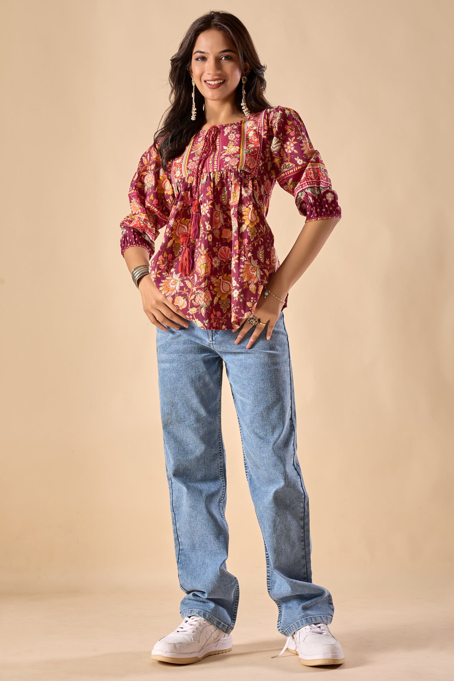 Red Floral Printed A-Line Cotton Stitched Top