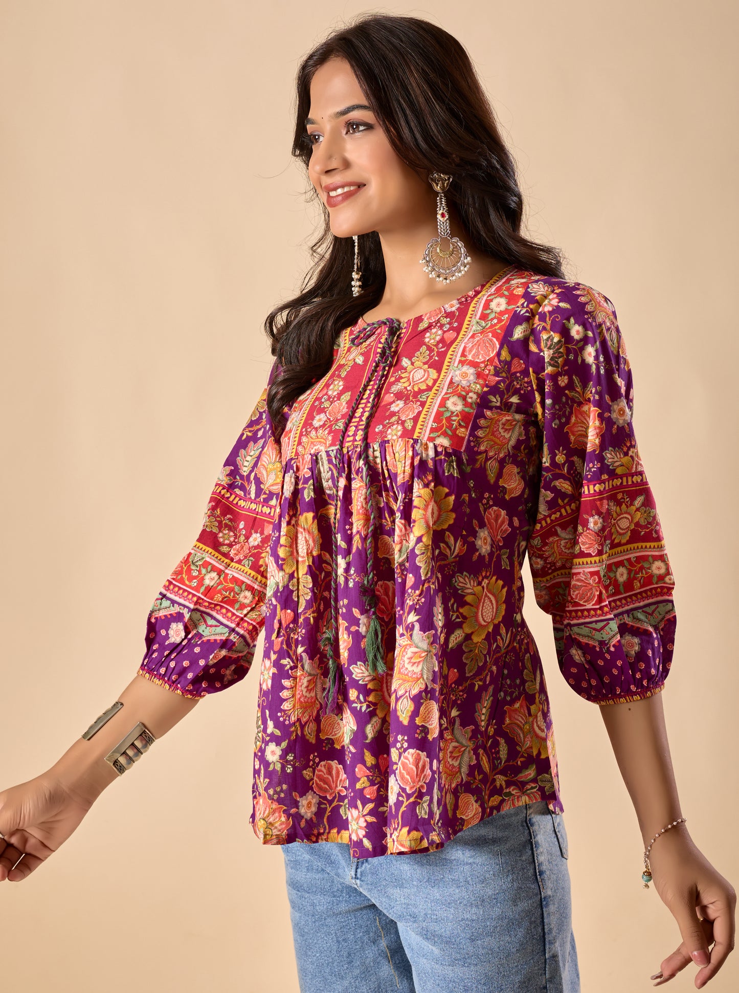 Purple Floral Printed A-Line Cotton Stitched Top