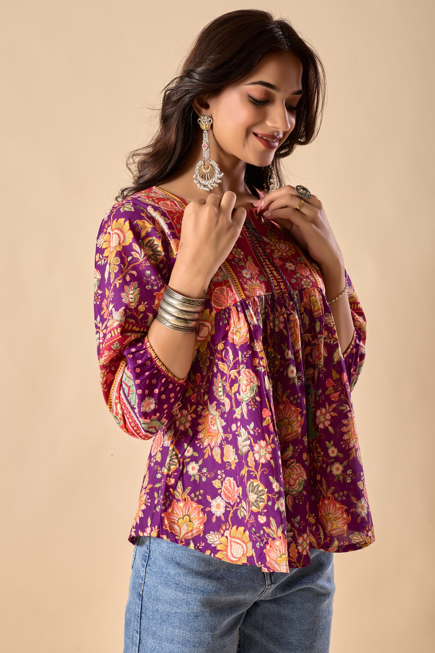Purple Floral Printed A-Line Cotton Stitched Top