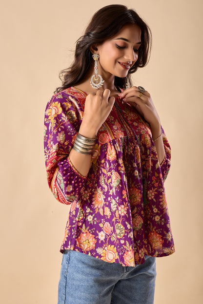 Purple Floral Printed A-Line Cotton Stitched Top