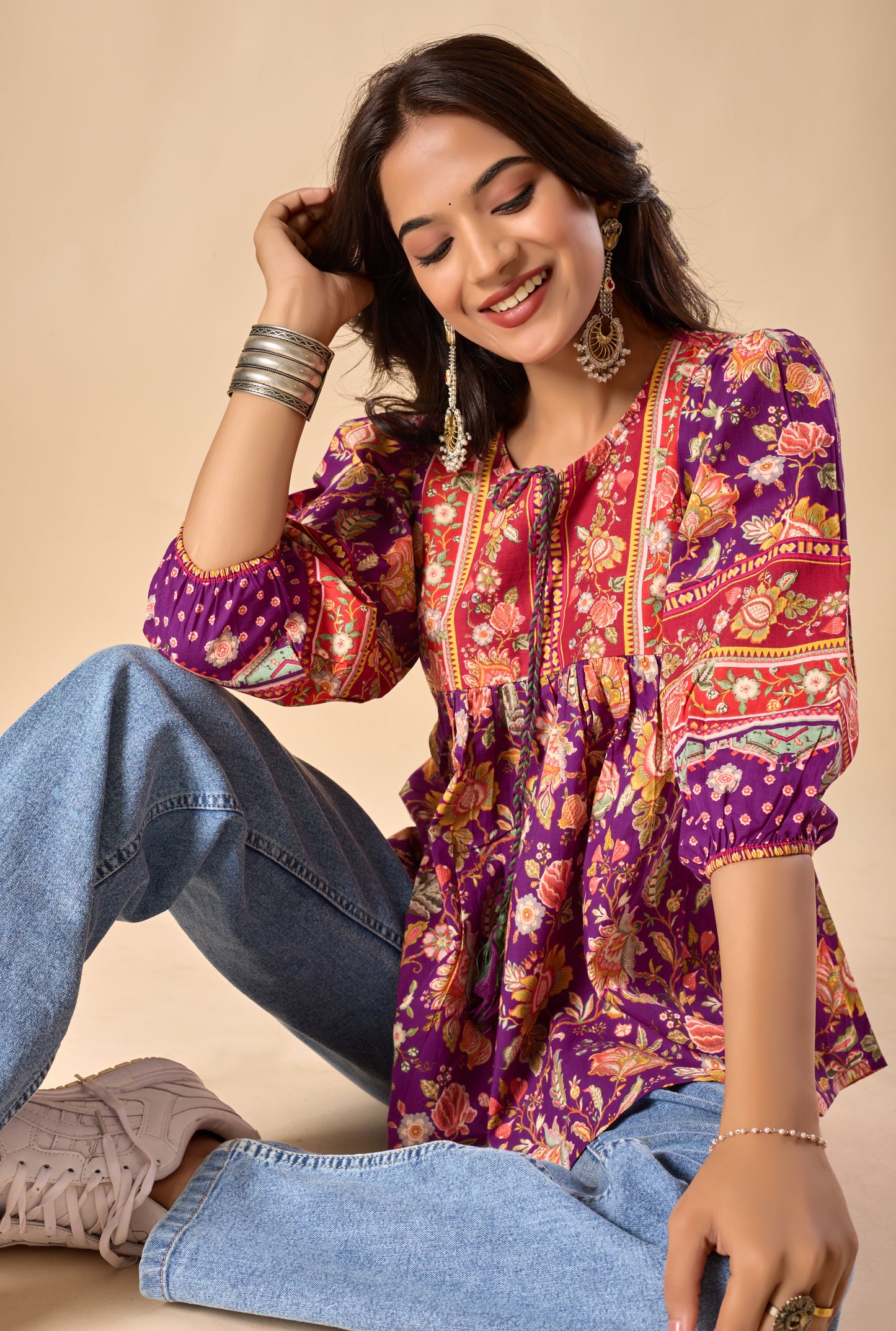 Purple Floral Printed A-Line Cotton Stitched Top