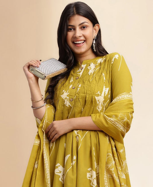 Mehendi Green Floral Print A-line Cotton Stitched Kurta Set