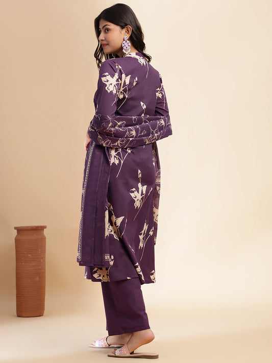 Wine Floral Print A-line Cotton Stitched Kurta Set