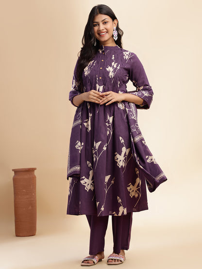 Wine Floral Print A-line Cotton Stitched Kurta Set