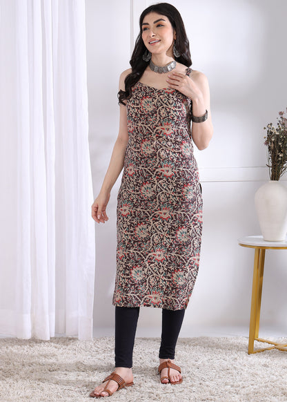 Brown Floral Print Straight Cotton Kurta