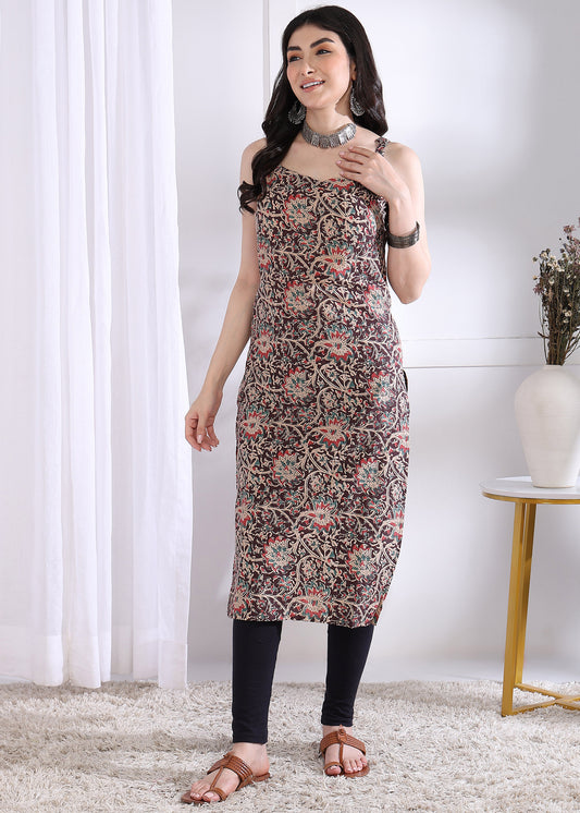 Brown Floral Print Straight Cotton Kurta
