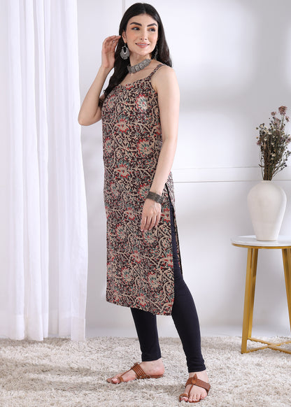 Brown Floral Print Straight Cotton Kurta