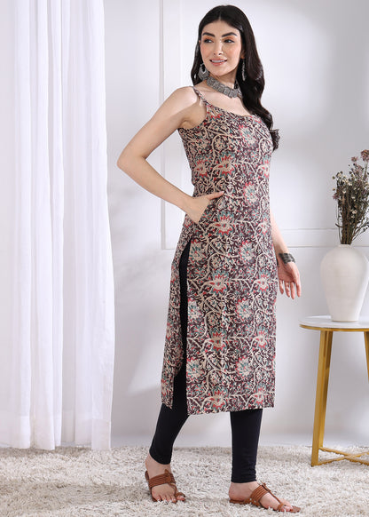 Brown Floral Print Straight Cotton Kurta