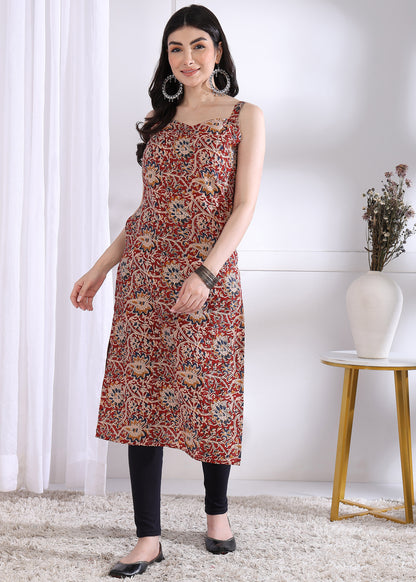 Maroon Floral Print Straight Cotton Kurta