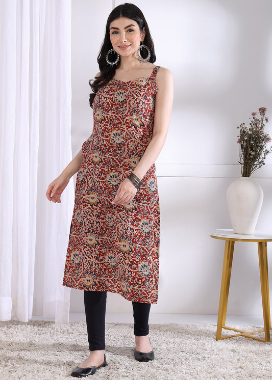 Maroon Floral Print Straight Cotton Kurta