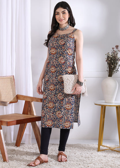 Dark Blue Floral Print Straight Cotton Kurta