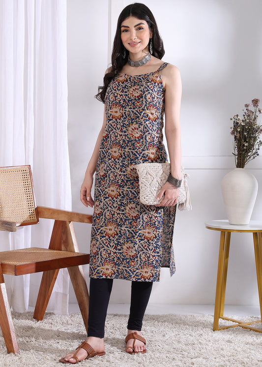 Dark Blue Floral Print Straight Cotton Kurta
