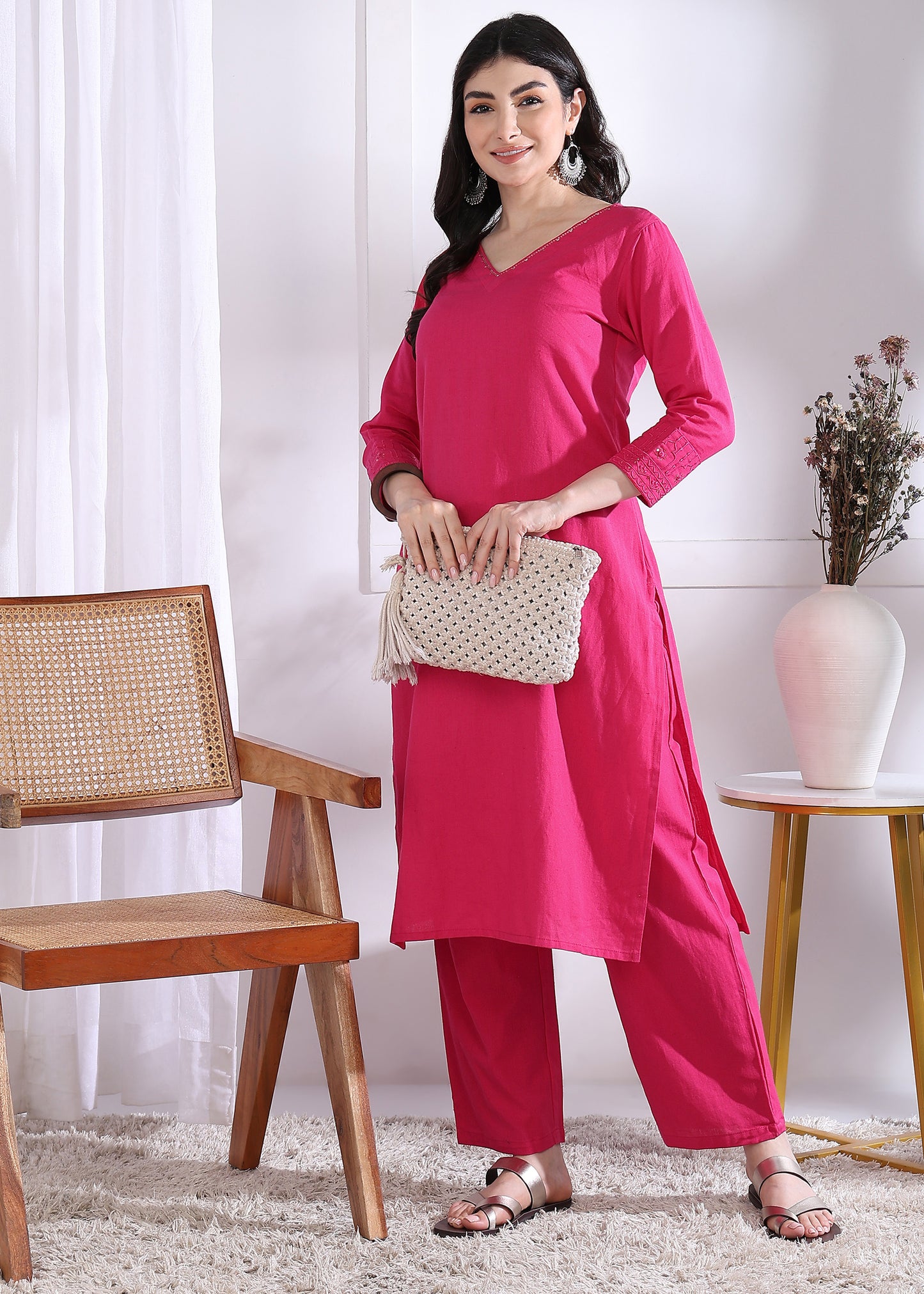 Pink Solid Straight Cotton Stitched Kurta Set
