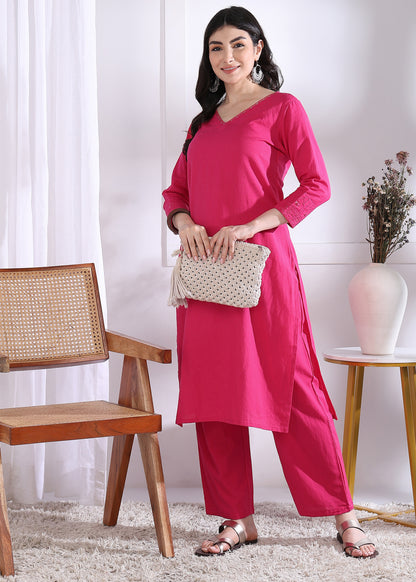 Pink Solid Straight Cotton Stitched Kurta Set