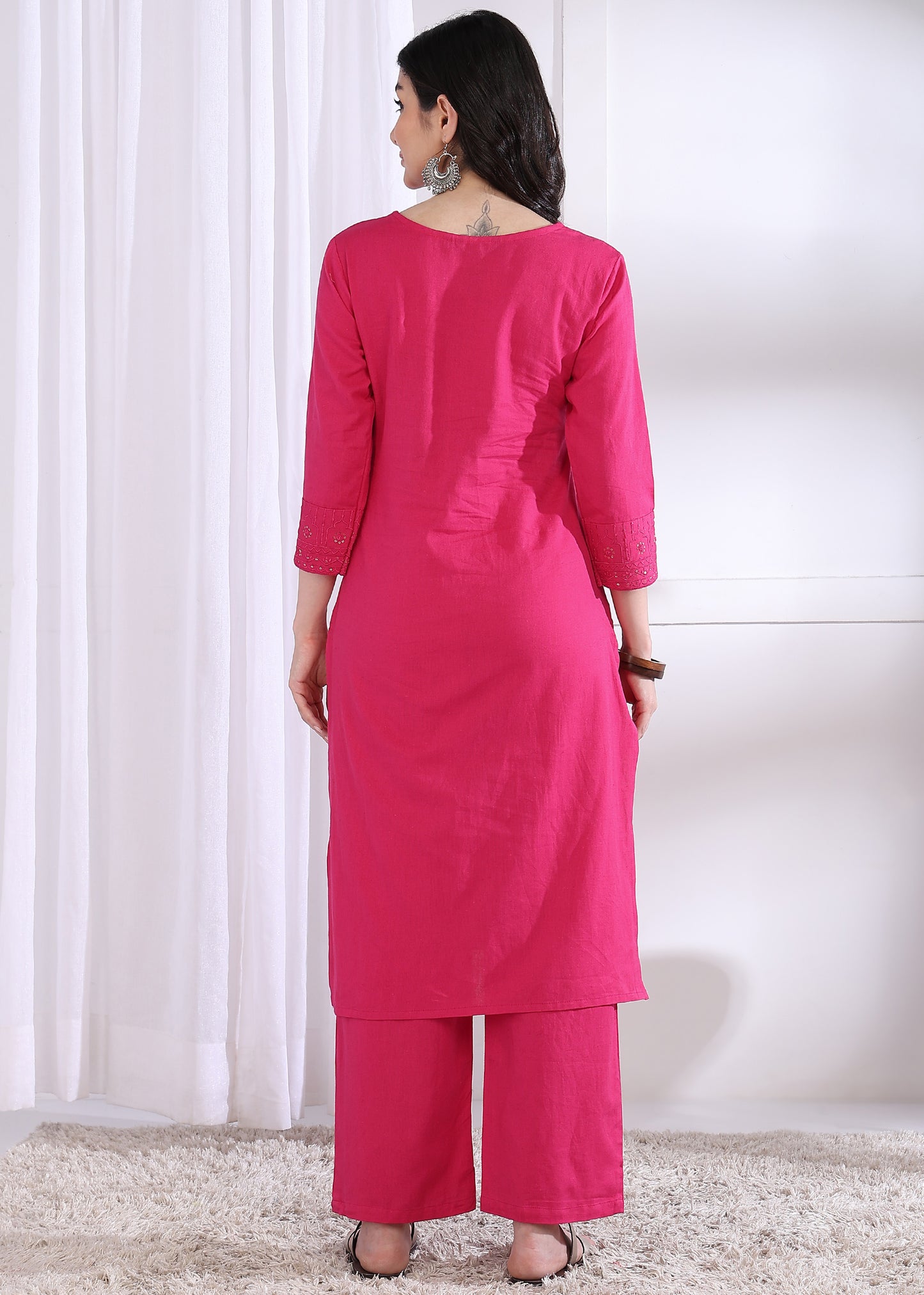 Pink Solid Straight Cotton Stitched Kurta Set