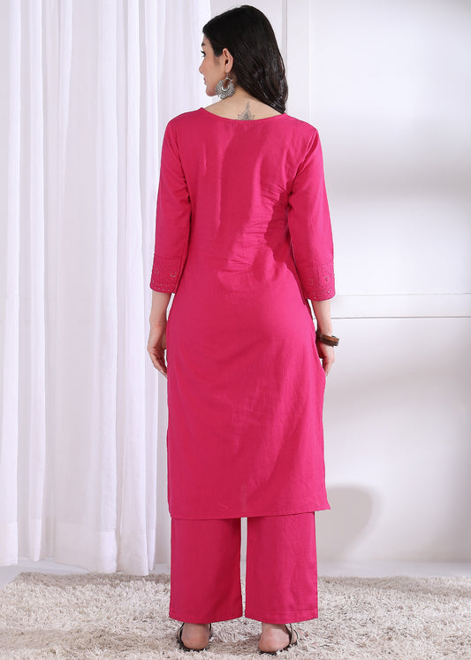 Pink Solid Straight Cotton Stitched Kurta Set