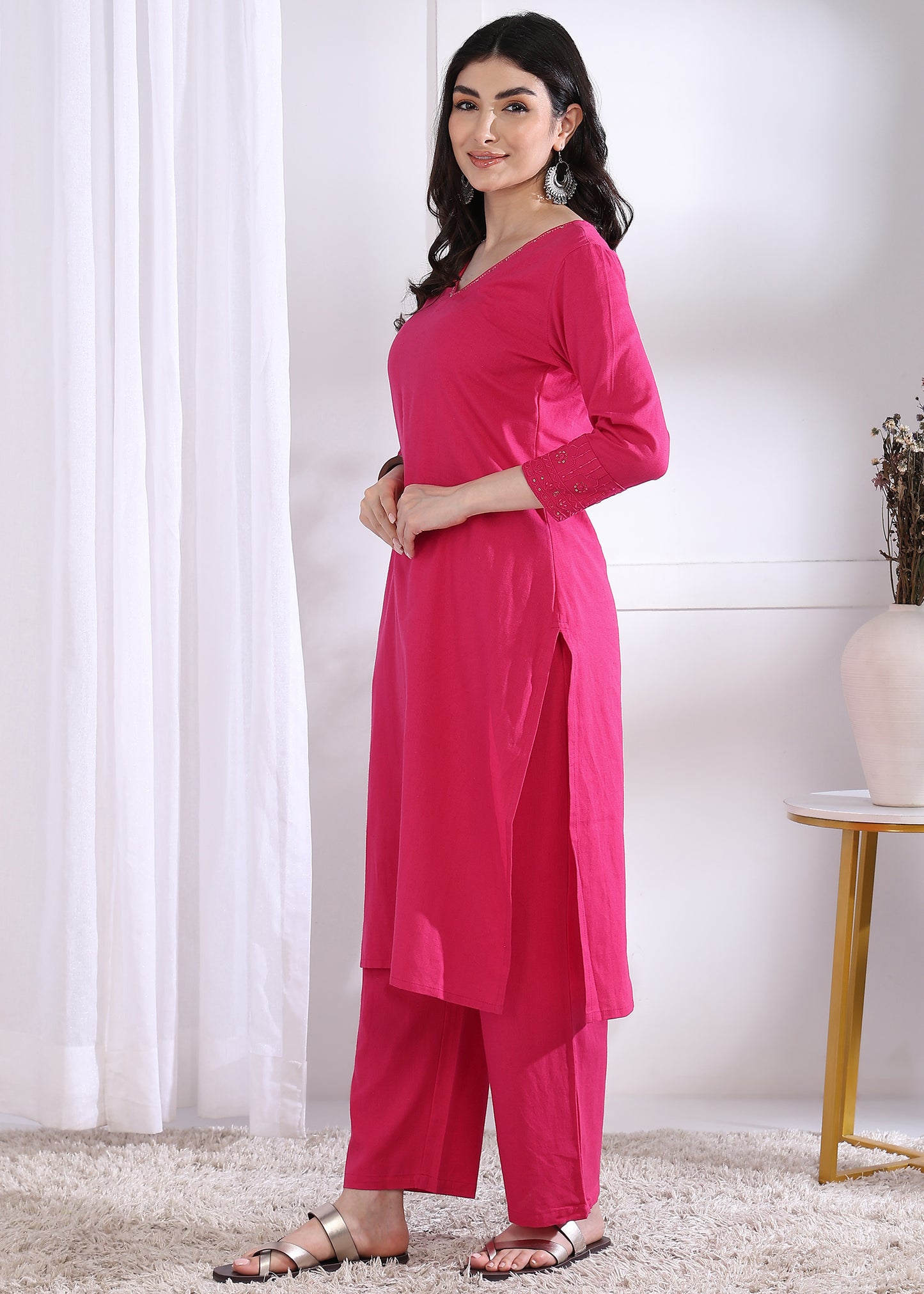 Pink Solid Straight Cotton Stitched Kurta Set