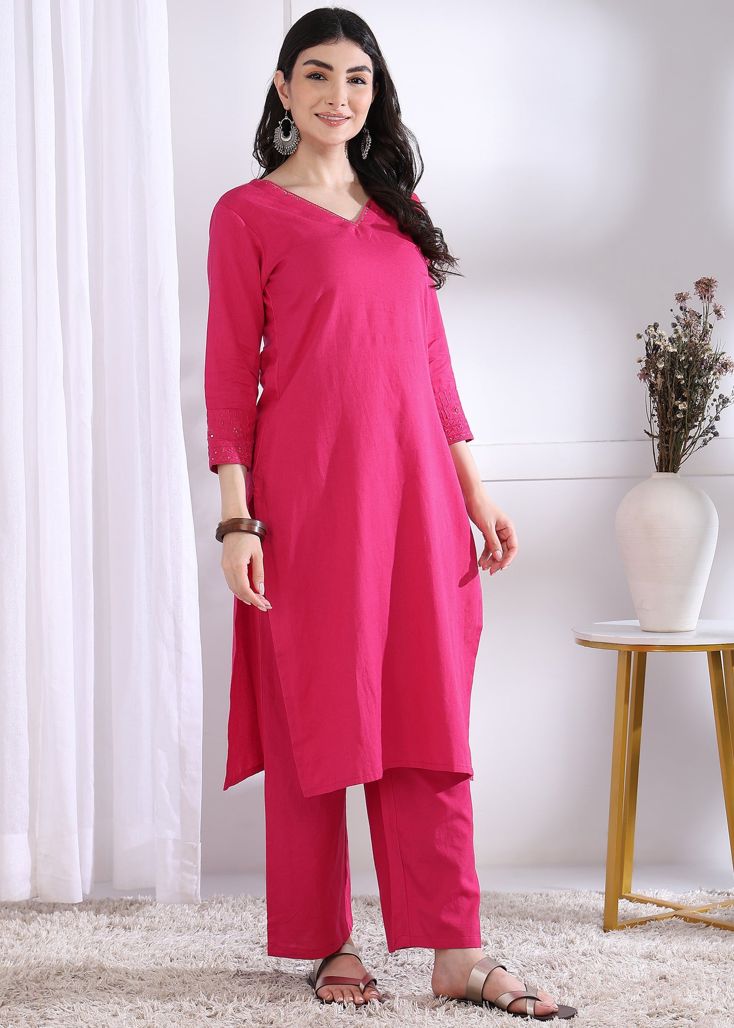 Pink Solid Straight Cotton Stitched Kurta Set