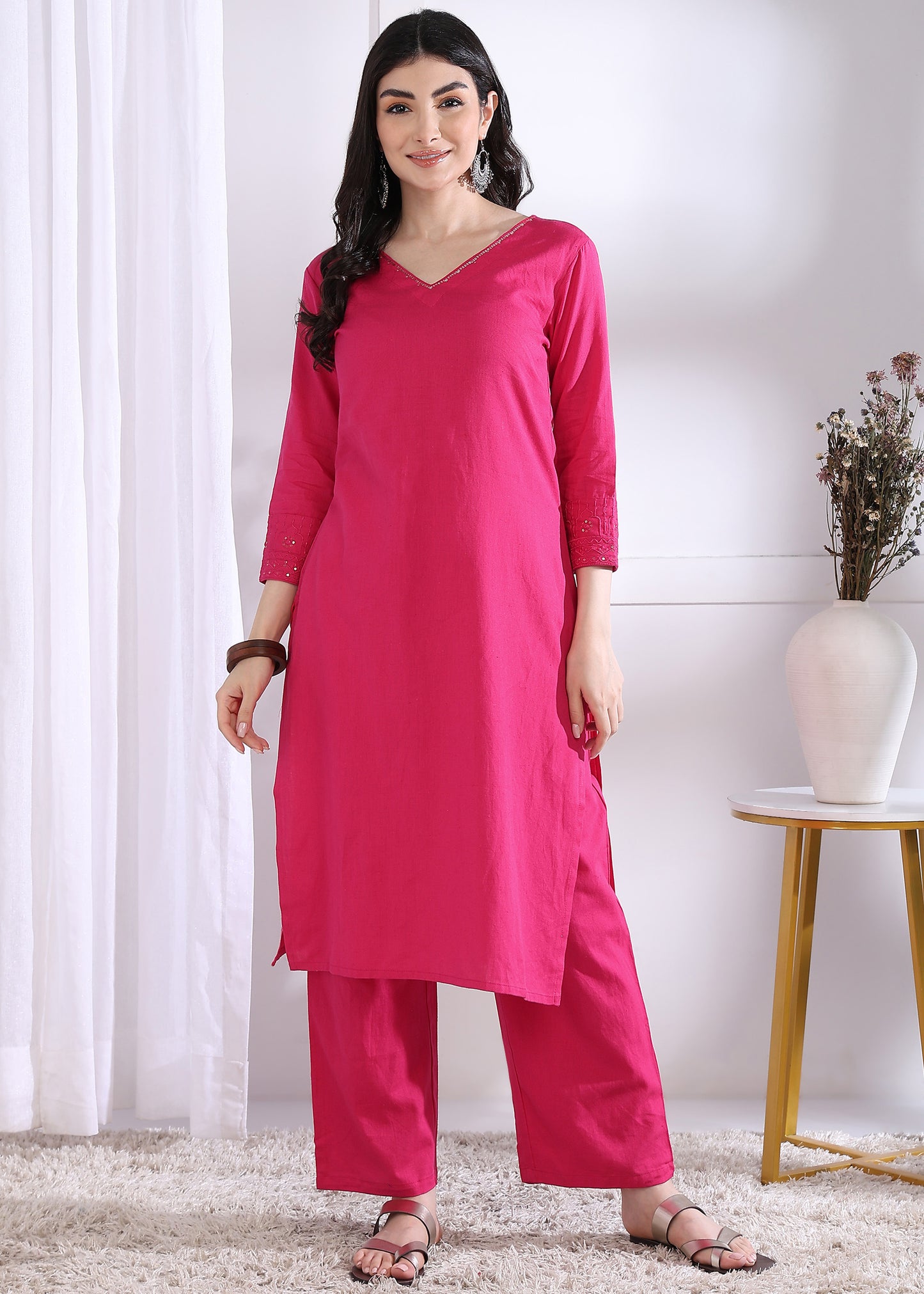 Pink Solid Straight Cotton Stitched Kurta Set