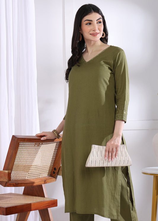 Mehendi Green Solid Straight Cotton Stitched Kurta Set