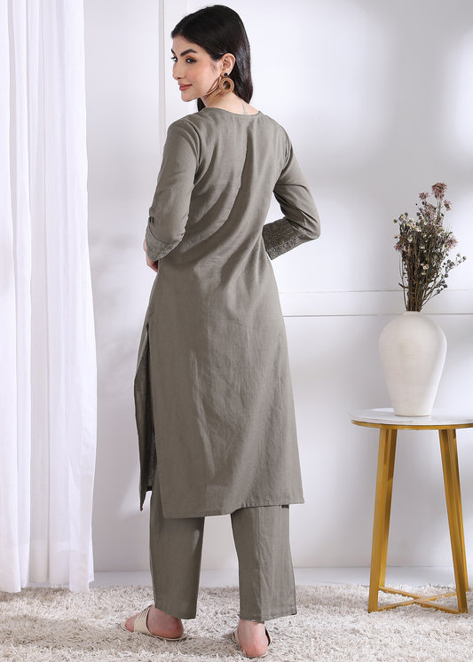 Grey Solid Straight Cotton Stitched Kurta Set