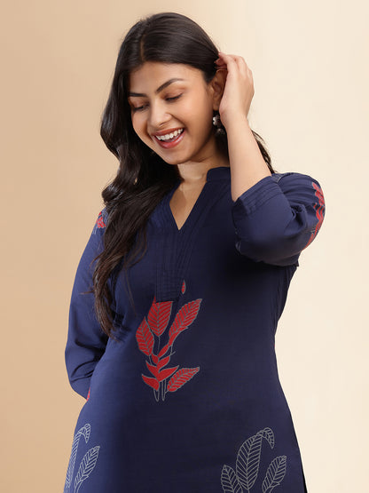 Navy Blue Leaf Print Straight Cotton Stitched Kurta Set
