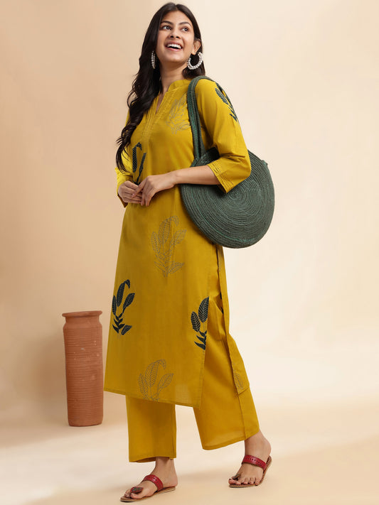 Mustard Leaf Print Straight Cotton Stitched Kurta Set