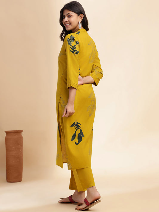 Mustard Leaf Print Straight Cotton Stitched Kurta Set