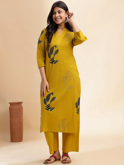 Mustard Leaf Print Straight Cotton Stitched Kurta Set