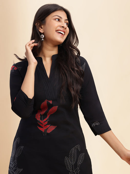 Black Leaf Print Straight Cotton Stitched Kurta Set