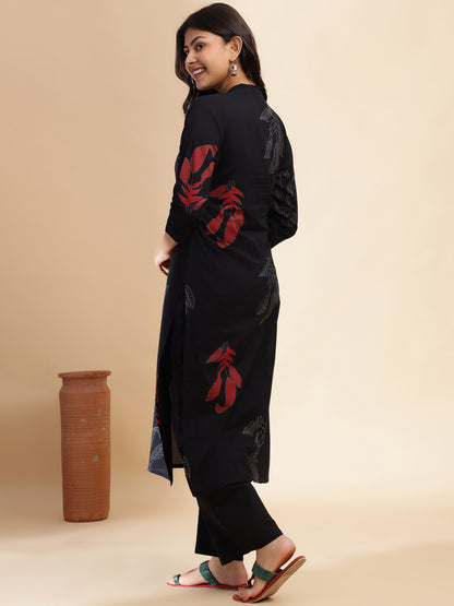 Black Leaf Print Straight Cotton Stitched Kurta Set