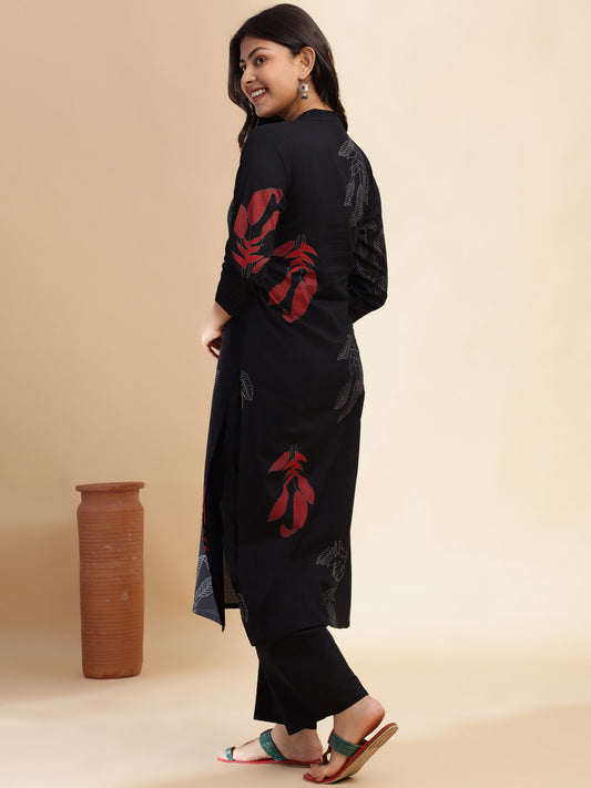 Black Leaf Print Straight Cotton Stitched Kurta Set