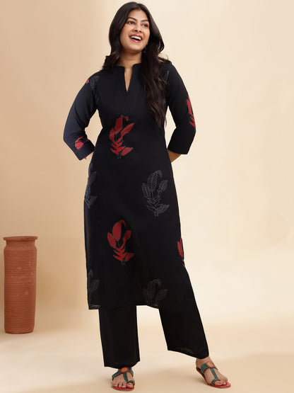 Black Leaf Print Straight Cotton Stitched Kurta Set