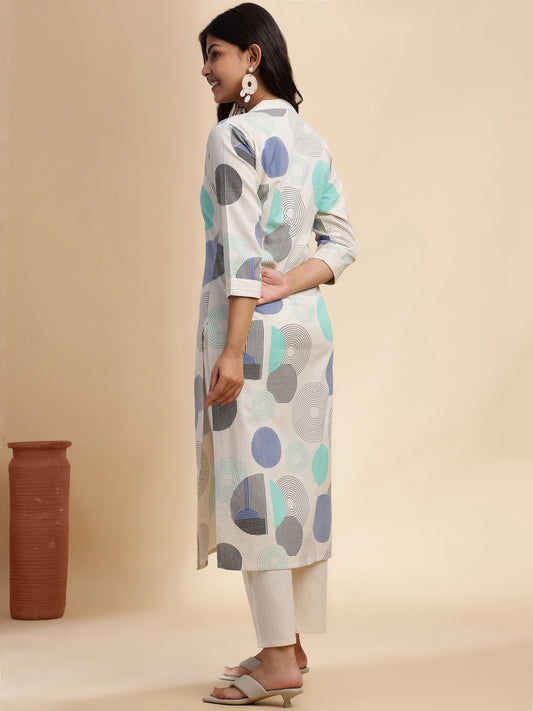 Off White Geometric Print Straight Cotton Flex Stitched Kurta Set