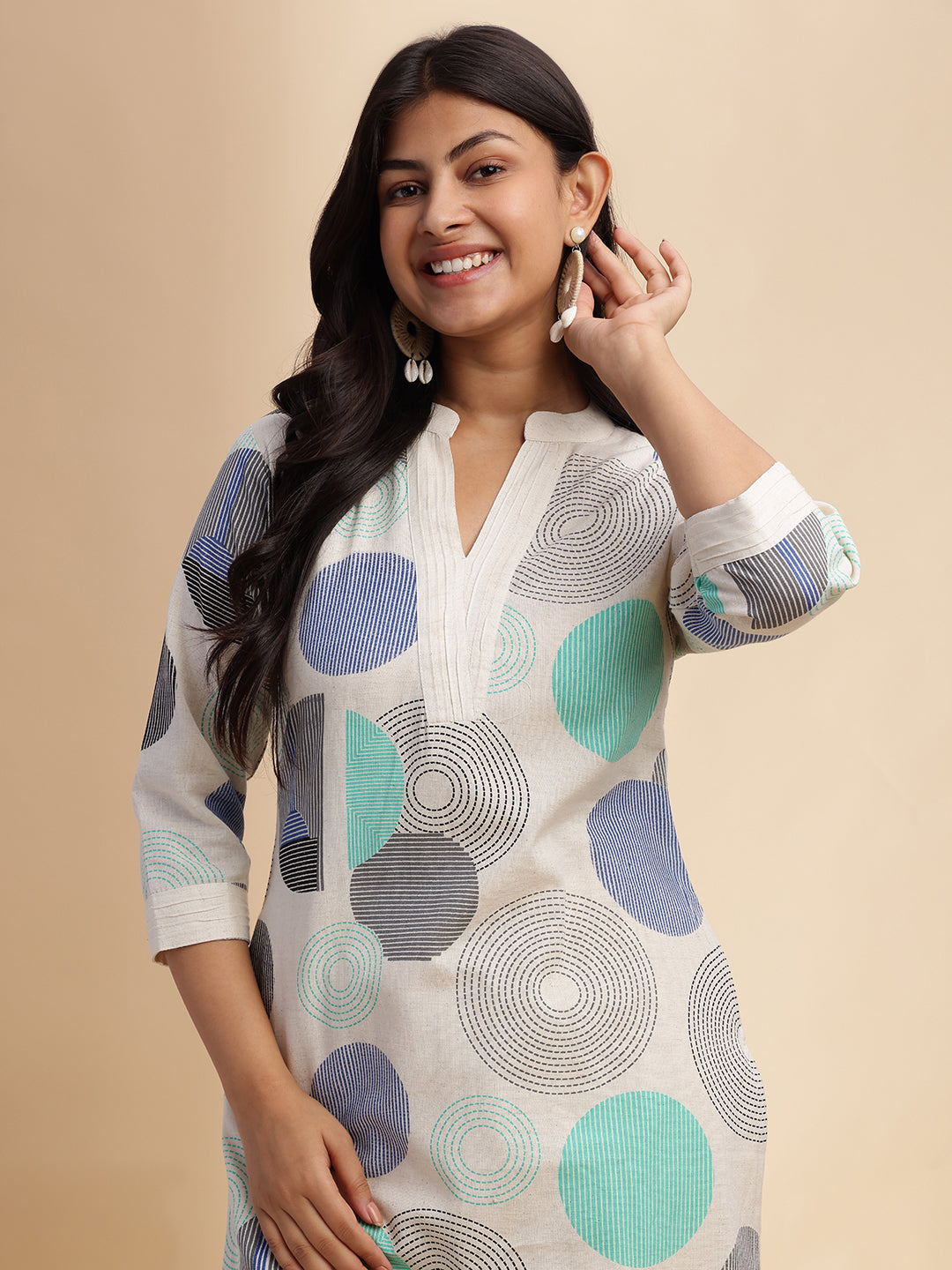 Off White Geometric Print Straight Cotton Flex Stitched Kurta Set