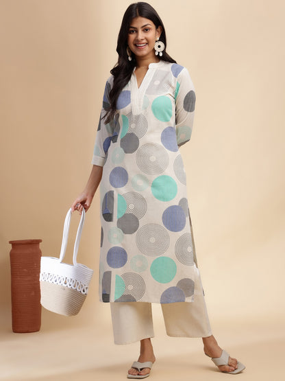 Off White Geometric Print Straight Cotton Flex Stitched Kurta Set