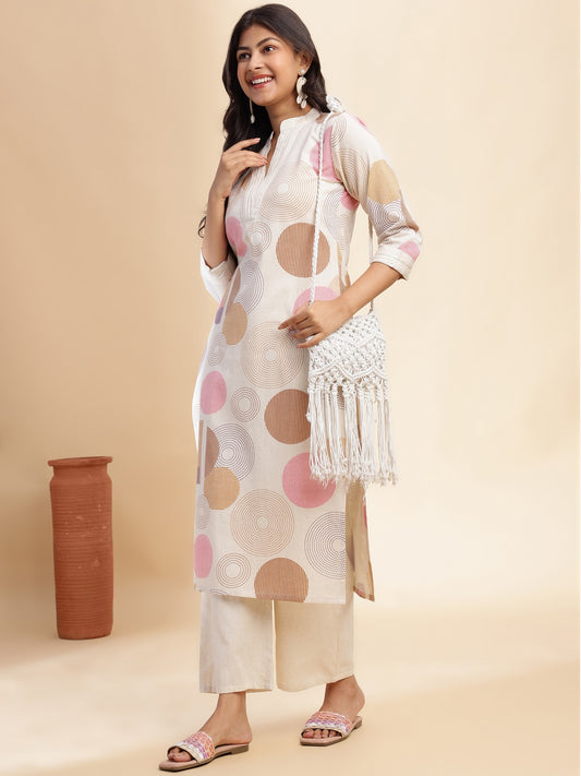 Brown Geometric Print Straight Cotton Flex Stitched Kurta Set