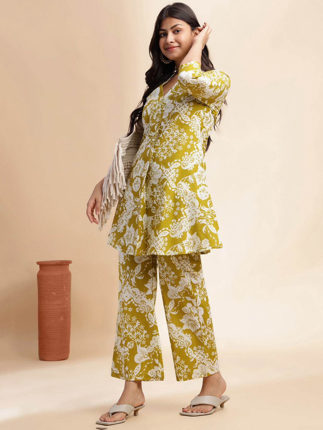 Mehendi Green Cotton Floral Printed Flared Co-Ord Set