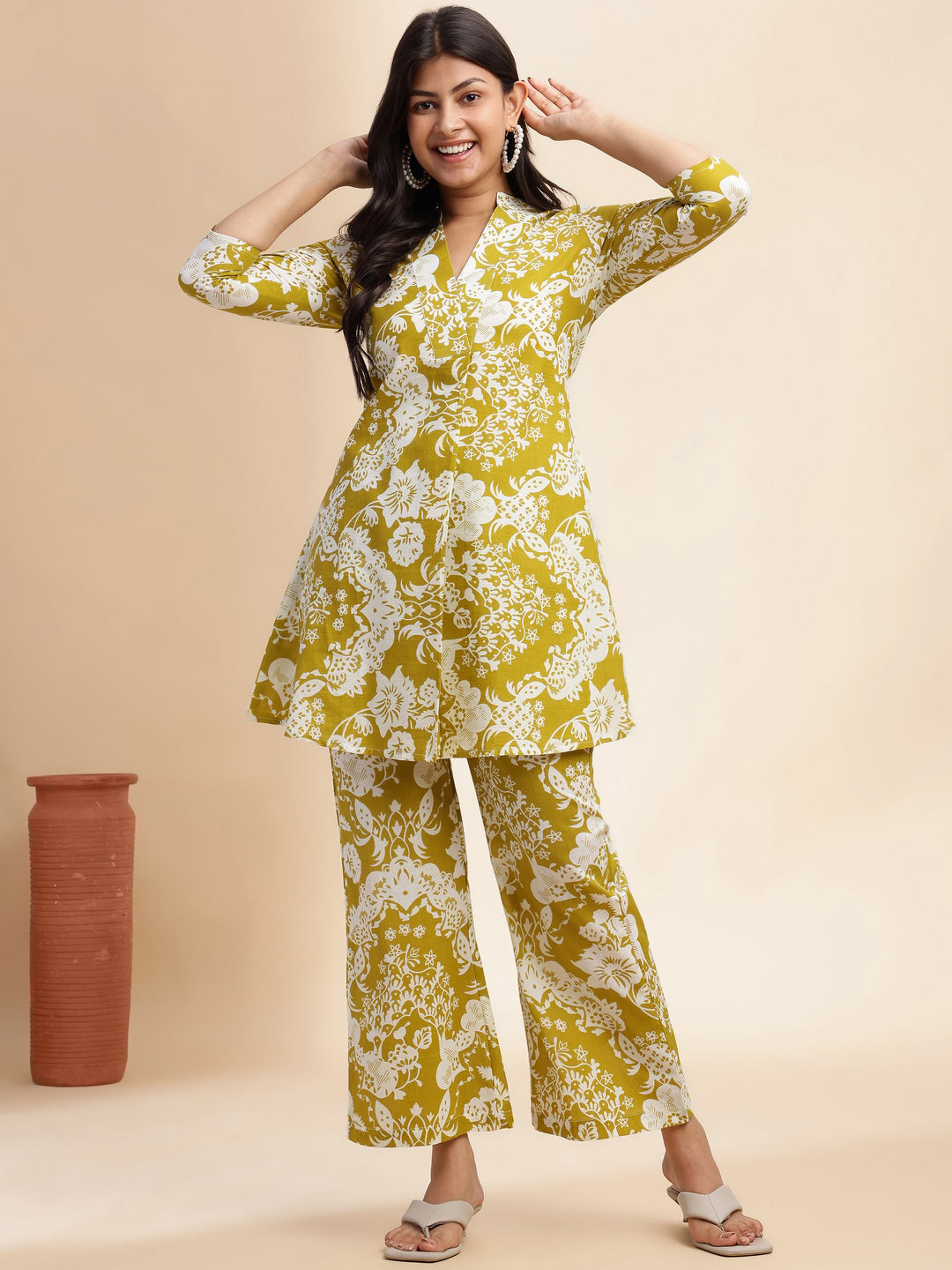 Mehendi Green Cotton Floral Printed Flared Co-Ord Set