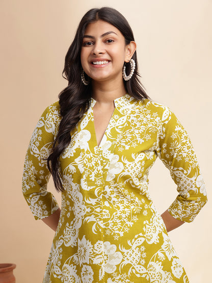 Mehendi Green Cotton Floral Printed Flared Co-Ord Set