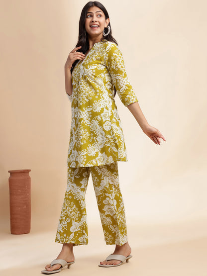 Mehendi Green Cotton Floral Printed Flared Co-Ord Set