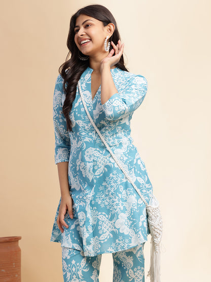Sky Blue Cotton Floral Printed Flared Co-Ord Set