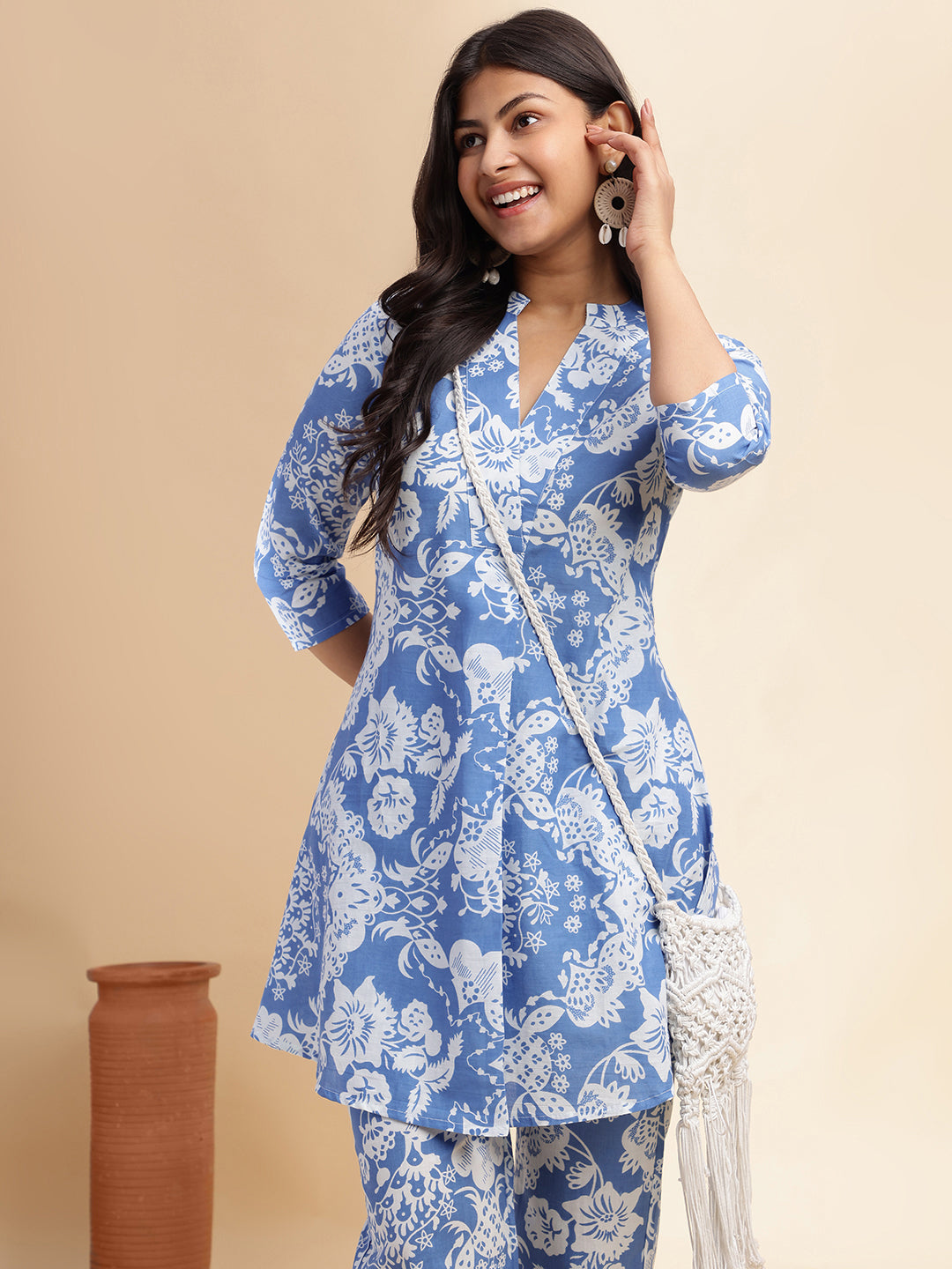 Aqua Blue Cotton Floral Printed Flared Co-Ord Set
