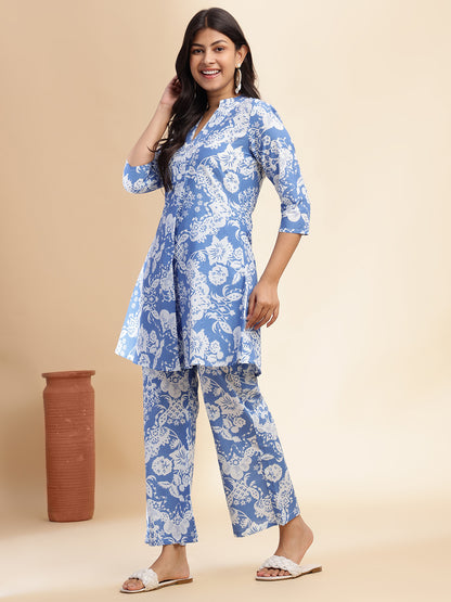 Aqua Blue Cotton Floral Printed Flared Co-Ord Set