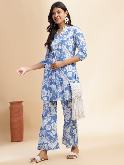 Aqua Blue Cotton Floral Printed Flared Co-Ord Set