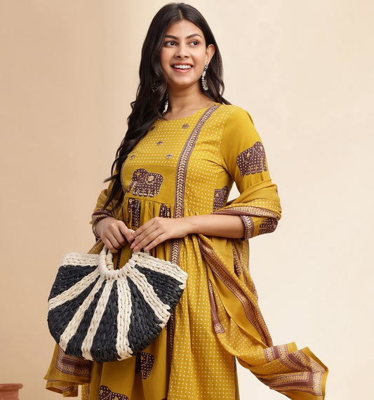 Mustard Animal Print Anarkali Cotton Stitched Kurta Set