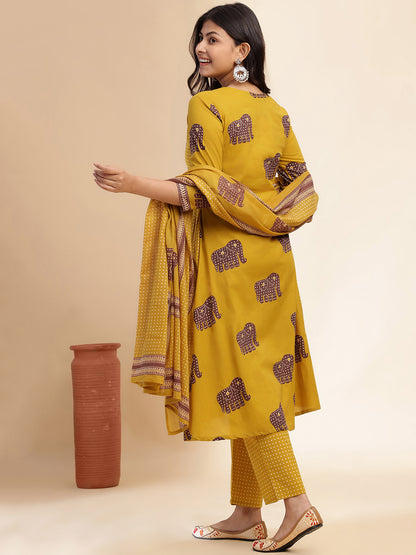 Mustard Animal Print Anarkali Cotton Stitched Kurta Set