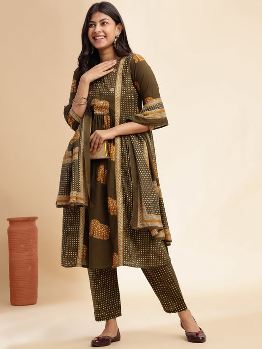 Mehendi Green Animal Print Anarkali Cotton Stitched Kurta Set